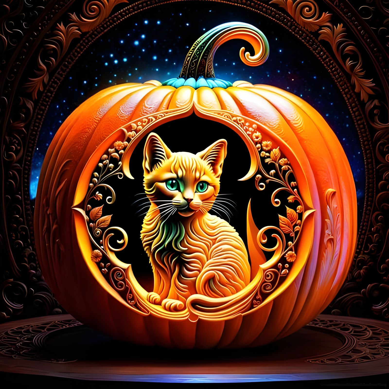 Psychedelic Carved Pumpkin with Kitten Inside