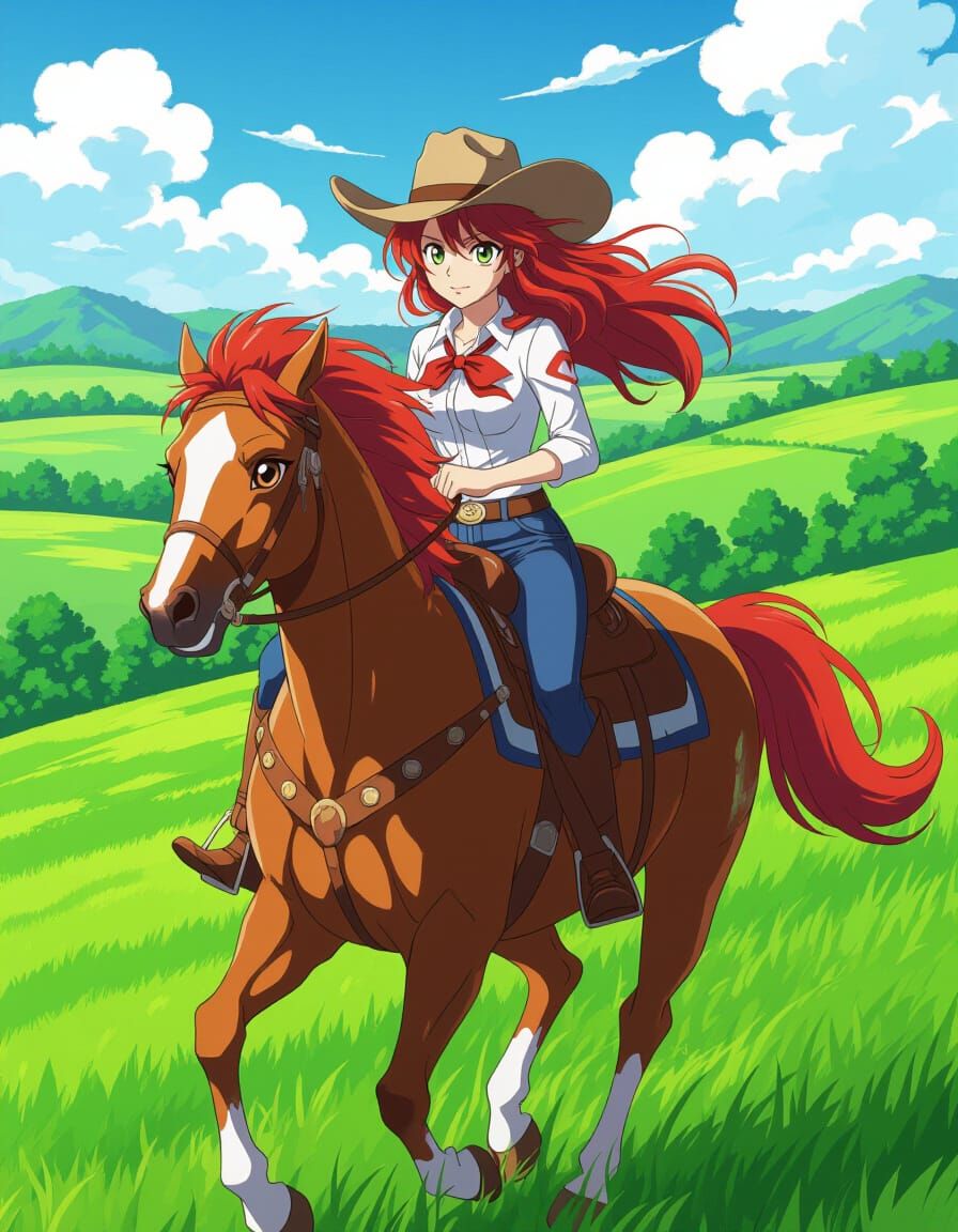 Red Haired Cowgirl Galloping on Horse in Lush Landscape