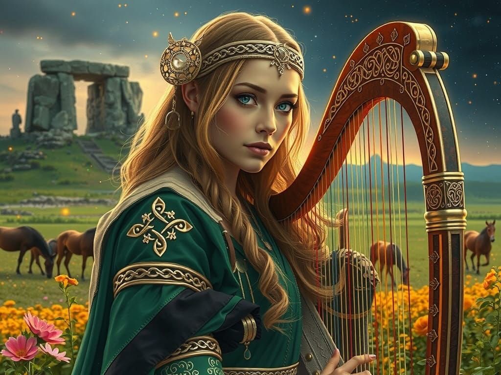 Warrior Woman with Celtic Harp in Mythical Landscape