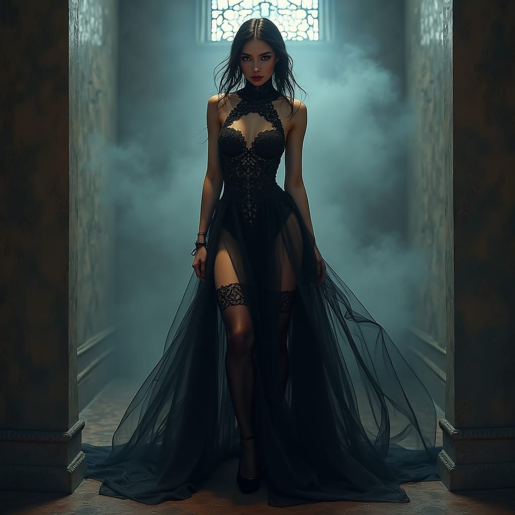 Mysterious Woman in Black Dress and Stockings