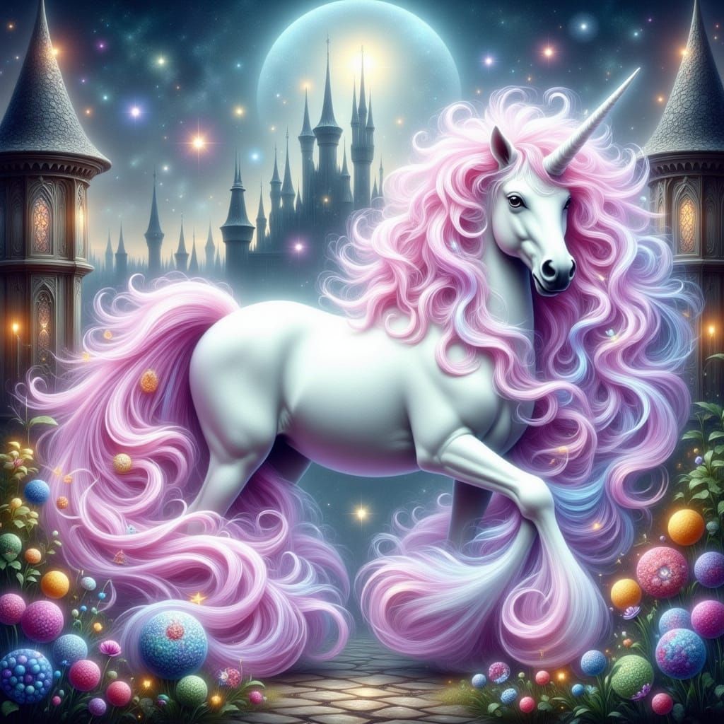 Whimsical Unicorn Before Grand Castle in Fantasy Setting