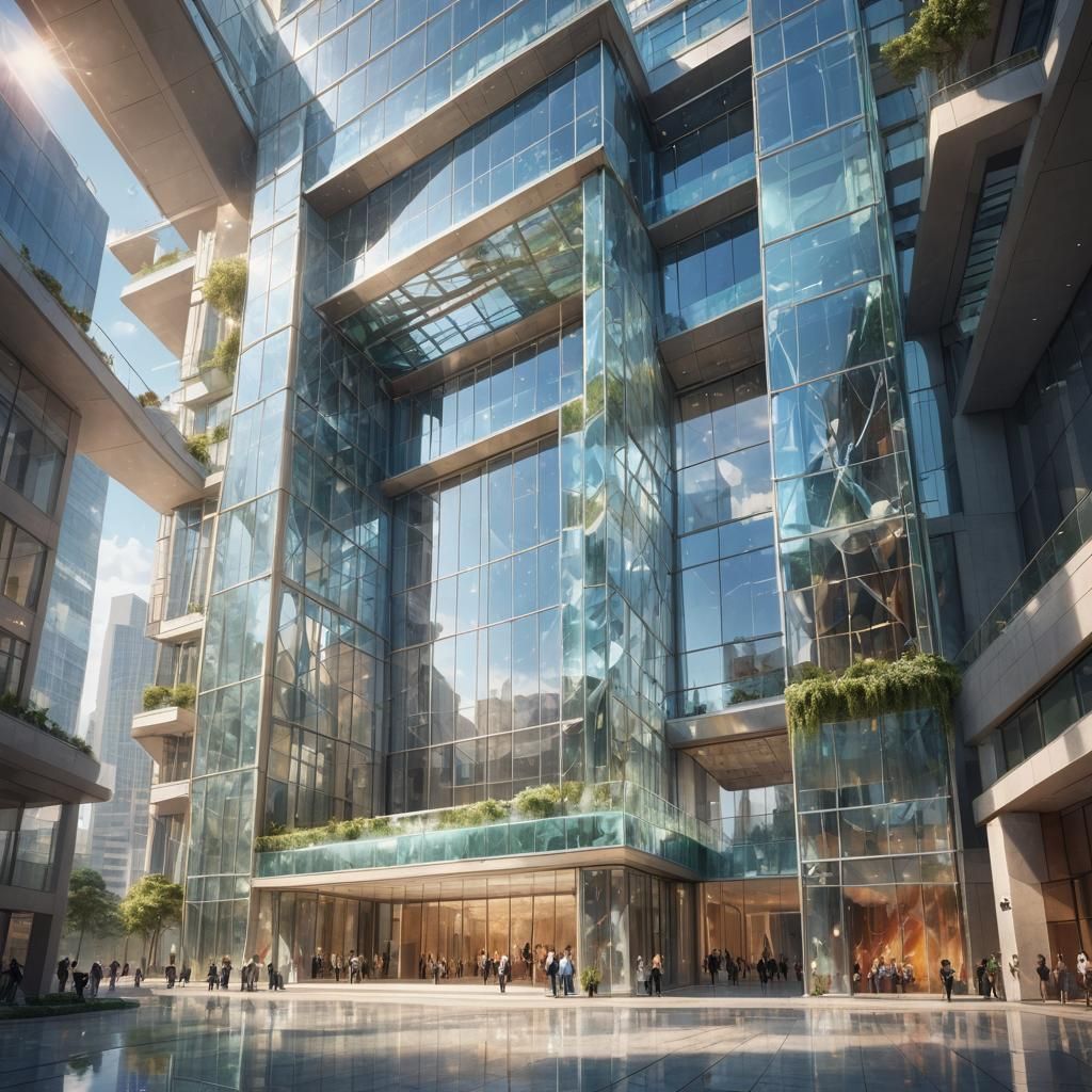 Detailed Glass Building with Cascade in Splash Art