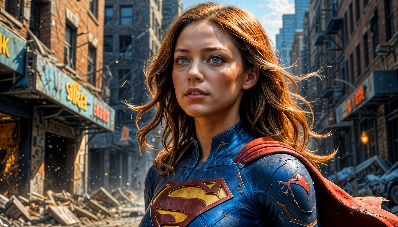 Redhead Supergirl in War-Torn Metropolis