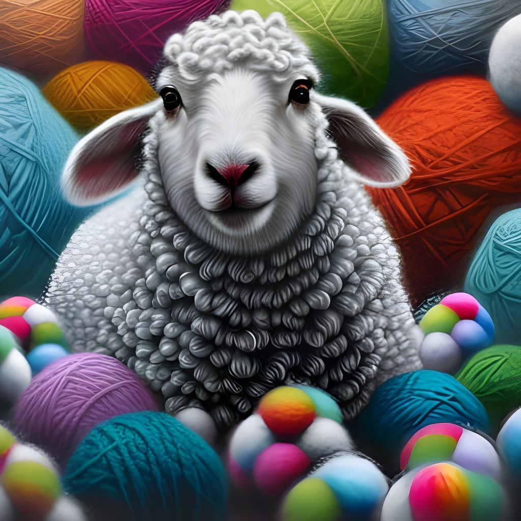 Knitting Sheep in Wool Surrounded by Yarn