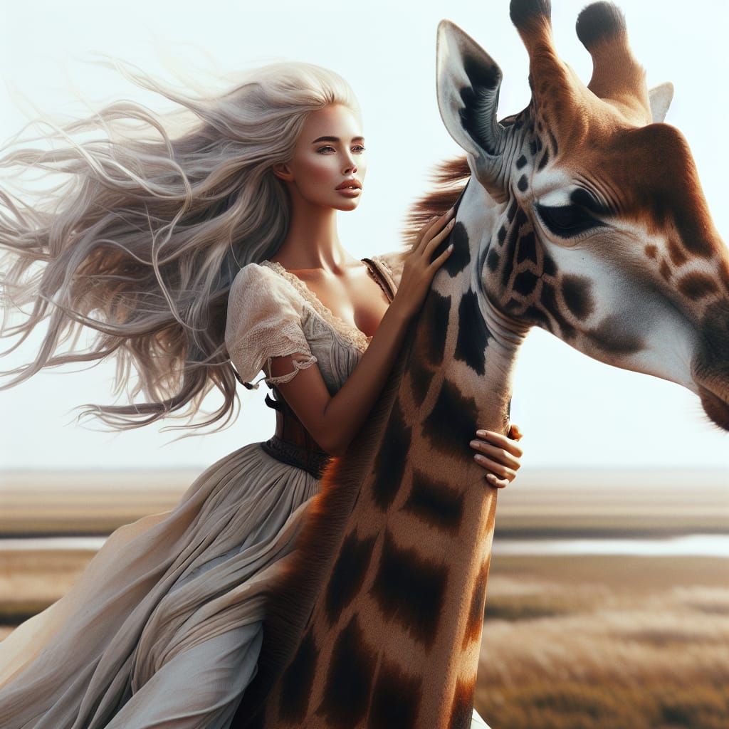 Woman Rides Giraffe Across Open Field