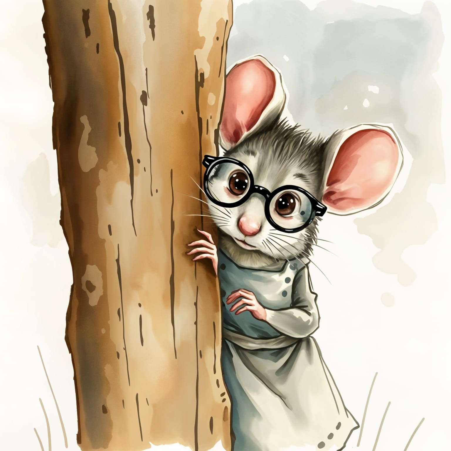 Shy Mouse Peeking Out: Watercolor Art