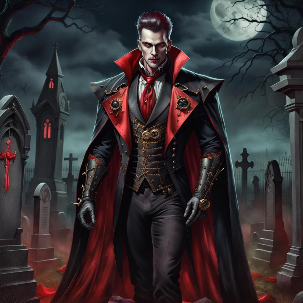 Steampunk Vampire King in Gothic Graveyard