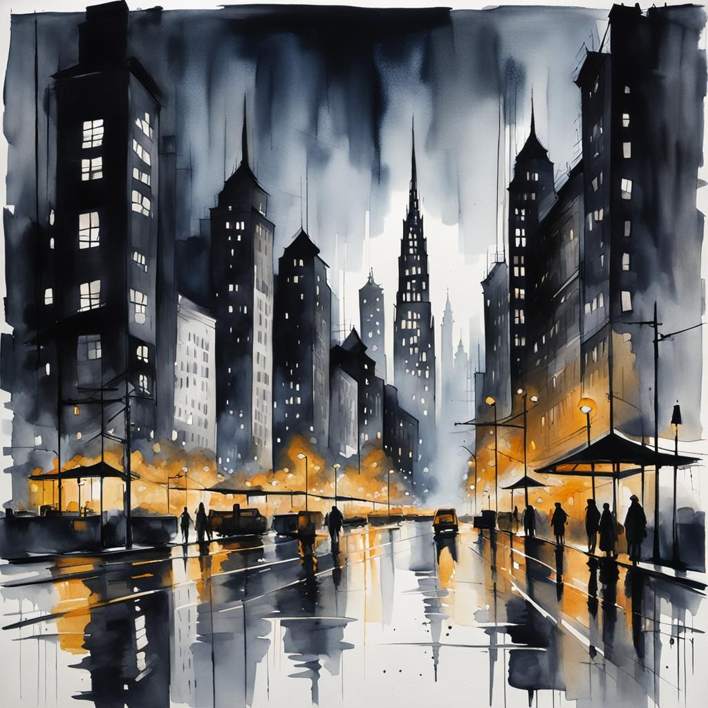 Monochrome Cityscape at Night: Ink and Wash
