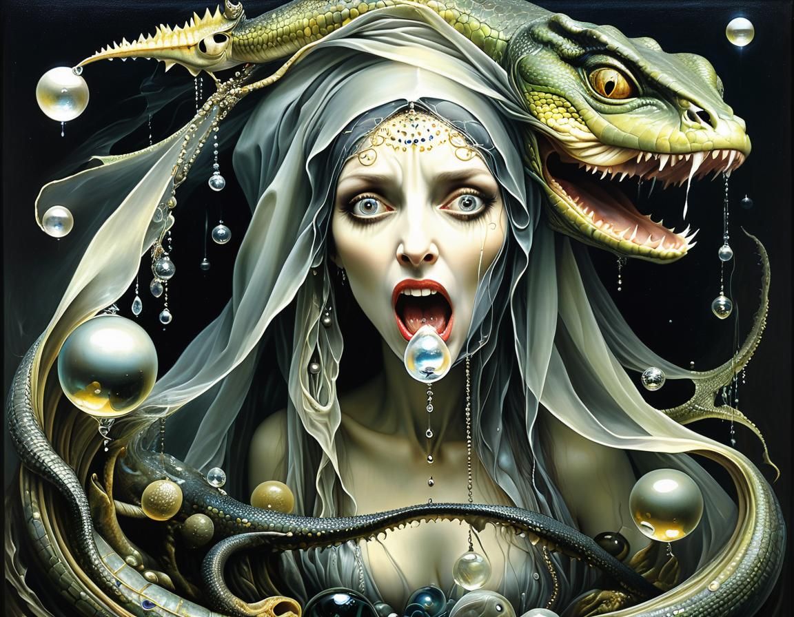 Klimt Style Surrealist Painting with Eel and Faces