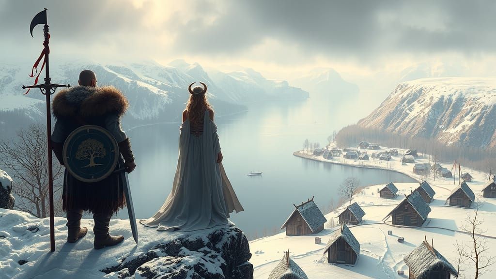 Viking Warrior and Priestess Stand at the Edge of a Snowy Fj...