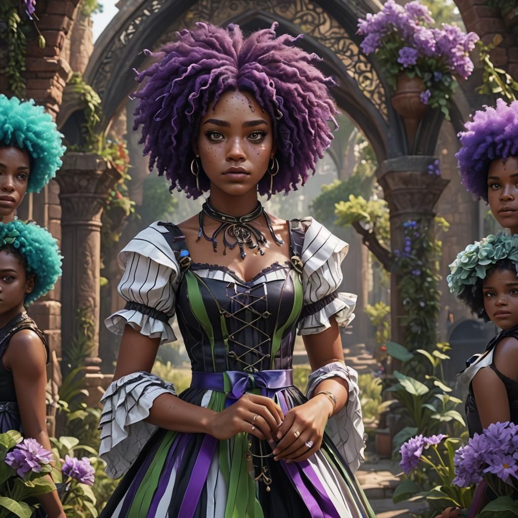 Girl with Purple Afro in Gothic Dress