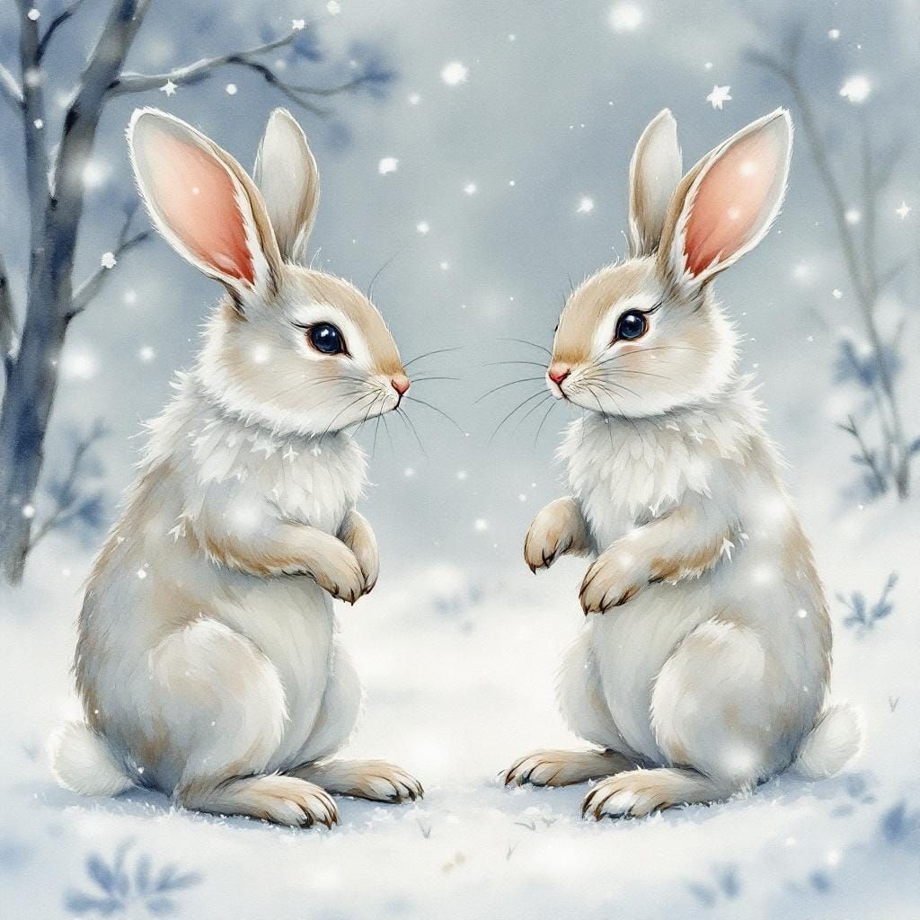 Victorian Fantasy Rabbits in Watercolor Snowscape