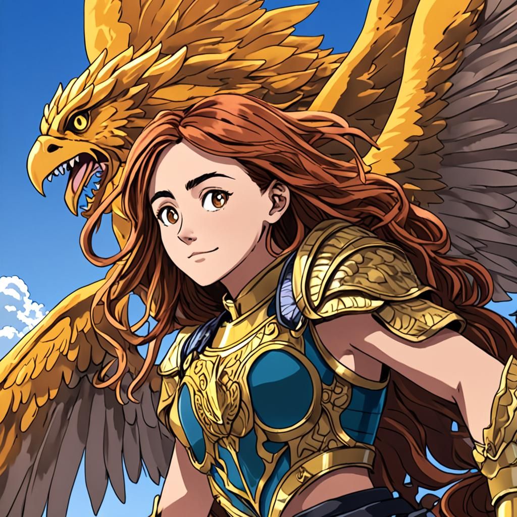 Gryphon Rider in Anime Style Soaring in Sunlight