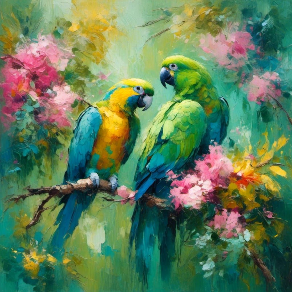 Parrots in Jungle: Fauvist Oil Painting