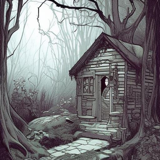 Eerie Witch's Hut in Dark Woods Illustration