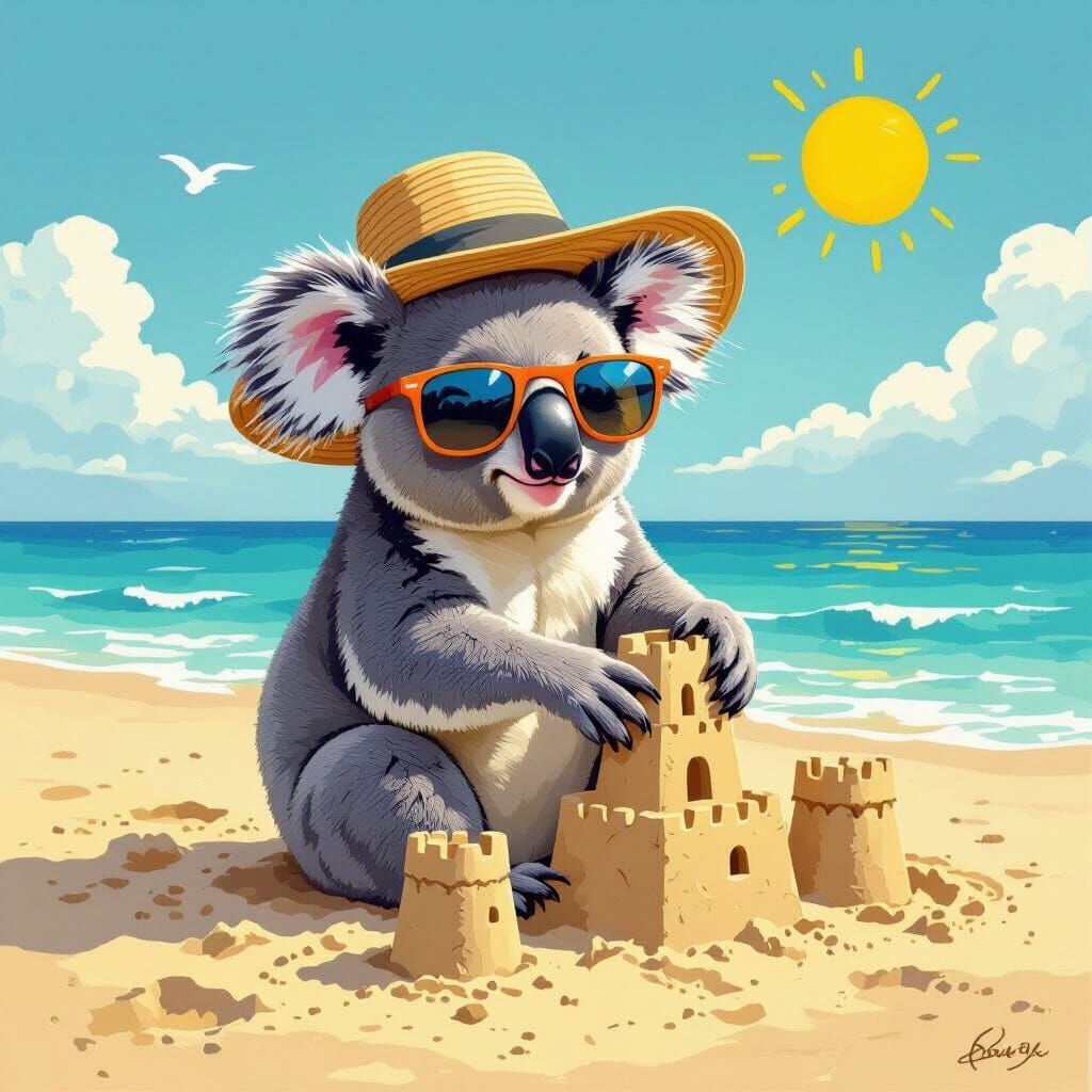 Koala Building Sandcastles on Sunny Australian Beach