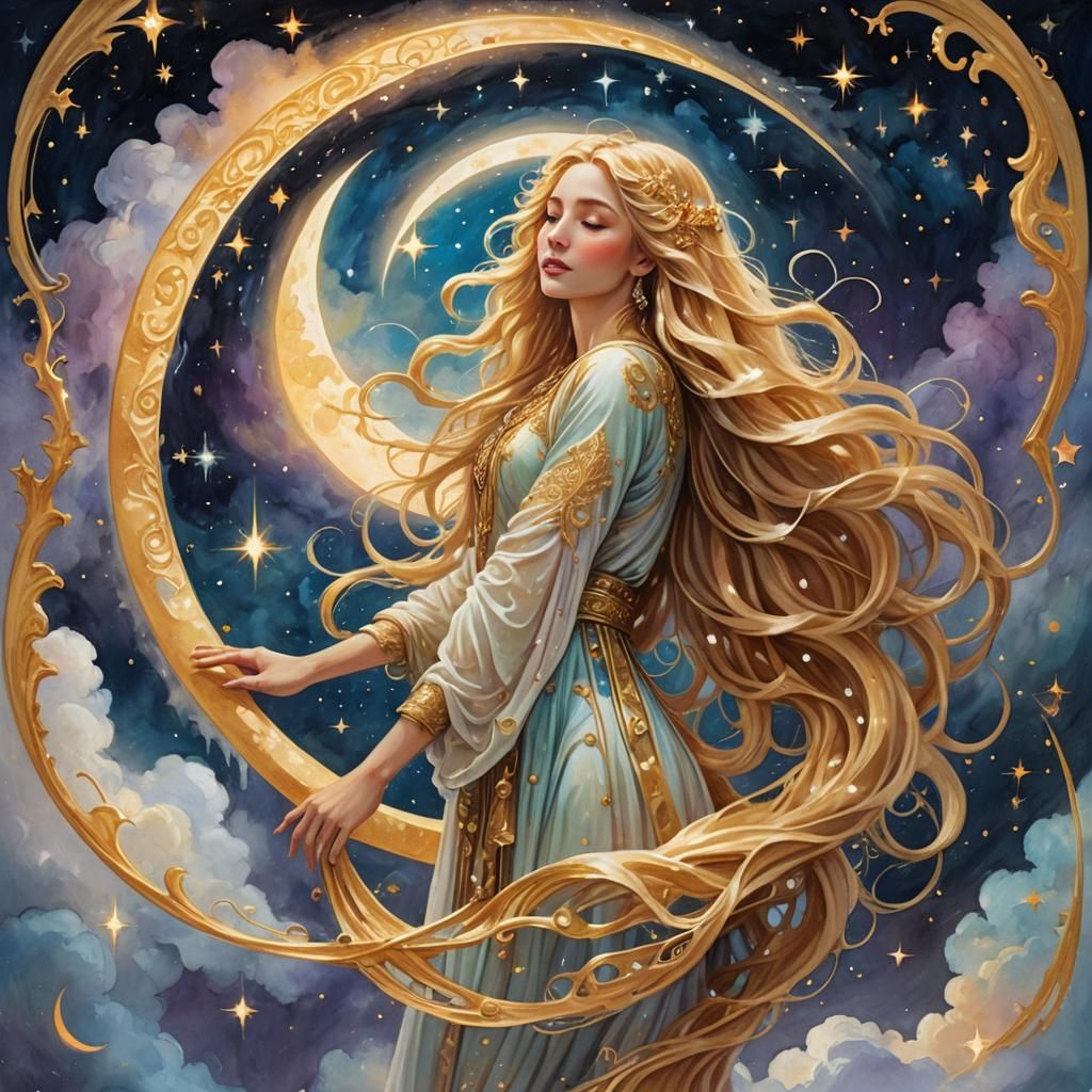 Ethereal Woman on Crescent Moon in Fantasy Art