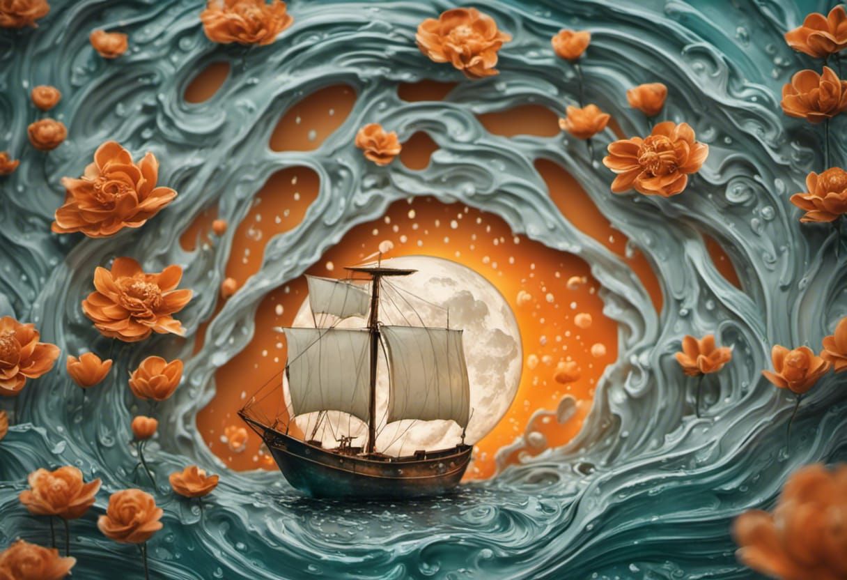 Boat on Stormy Waves Under Moonlight