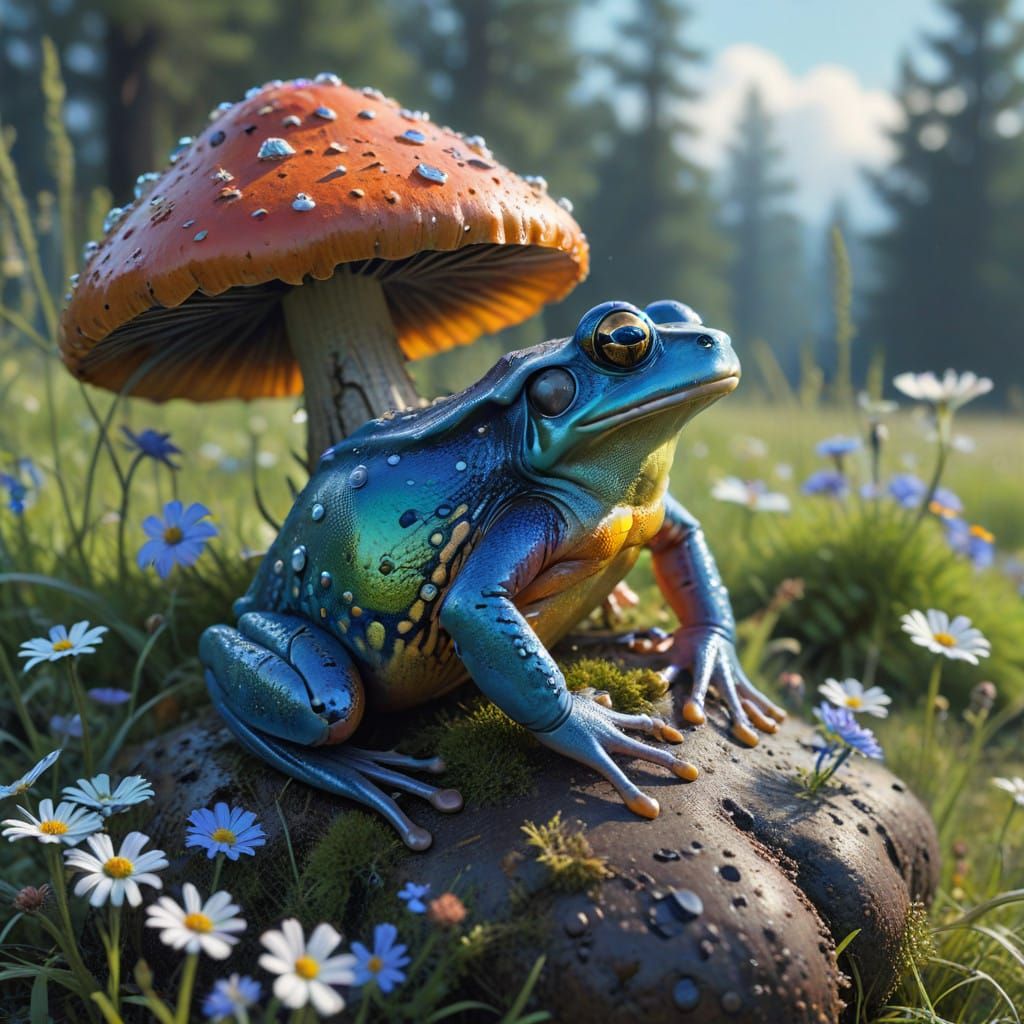 Vibrant Frogs Perched on a Dewy Meadow Mushroom