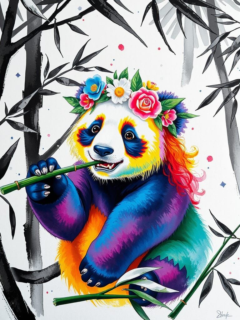 A portrait of a rainbow colured panda in a Black white jungl...