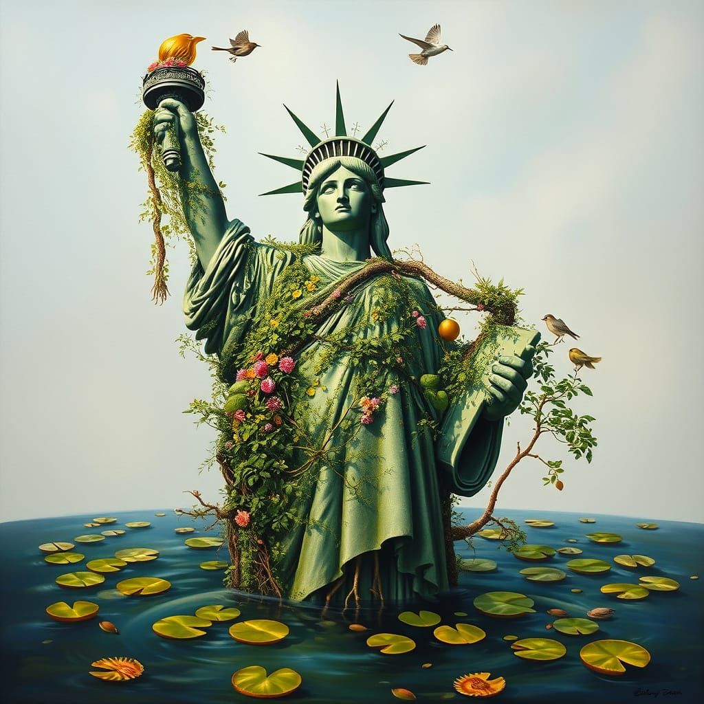 Statue of Liberty Overgrown, Surreal Oil Painting