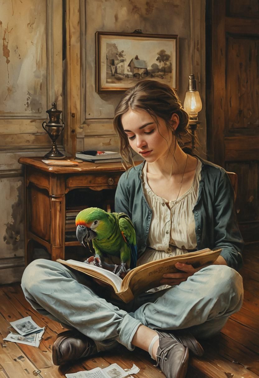 Whimsical girl holding her parrot in her lap, reading a book, sitting on the floor in an old furnished room, modern Eu...