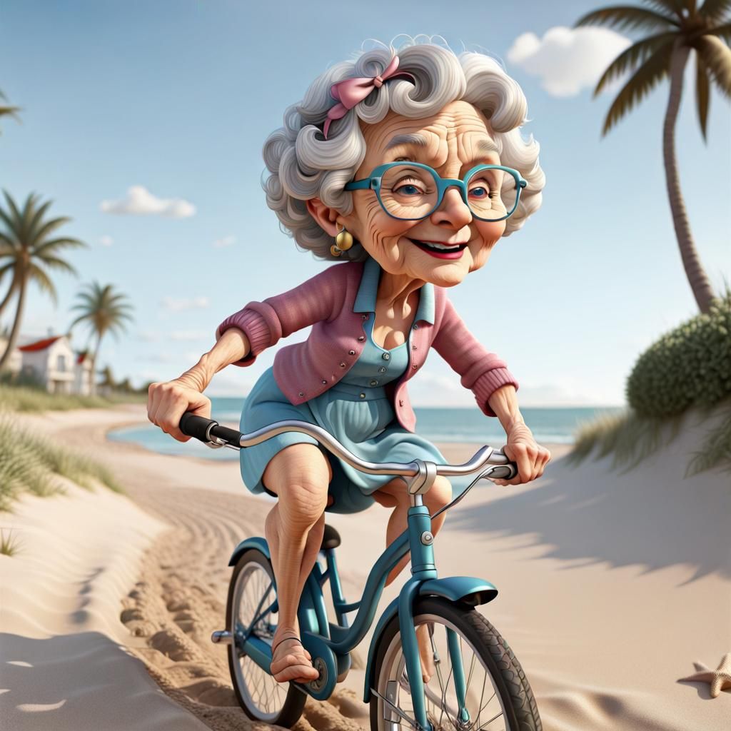 Cartoon Granny Rides Bicycle on Beach: 16k Resolution