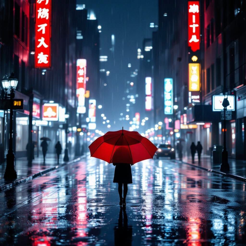 Red Umbrella on Wet City Street at Night