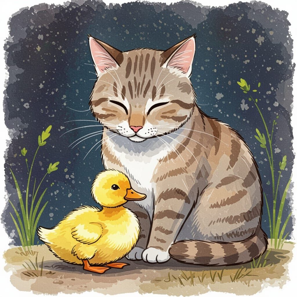 Momma Cat Cares for Duckling in Whimsical Watercolor Style