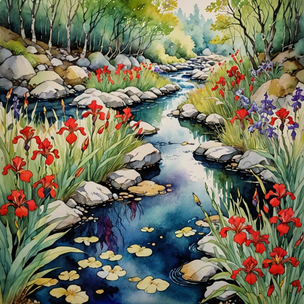 Meandering Stream with Red Iris Flowers, Watercolor Style