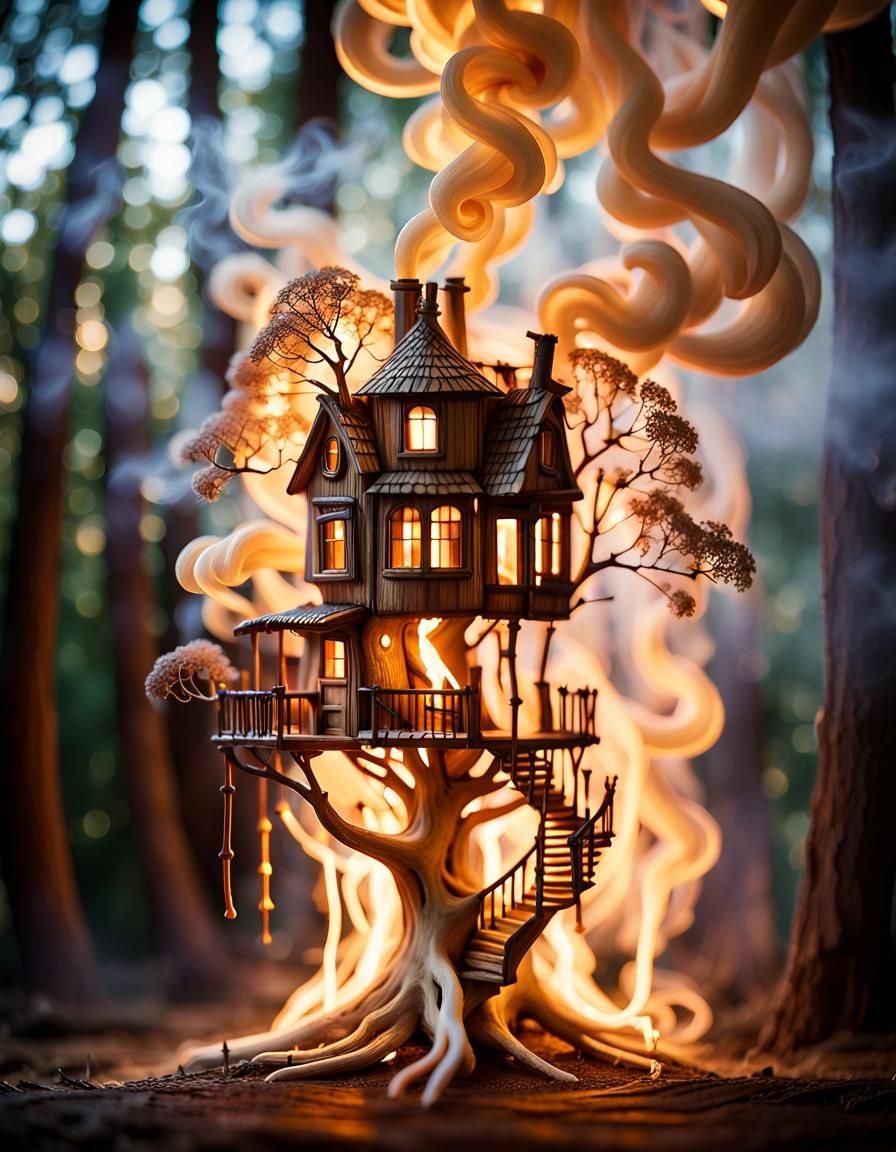 Ethereal Smoke Treehouse: Macro Photography Masterpiece