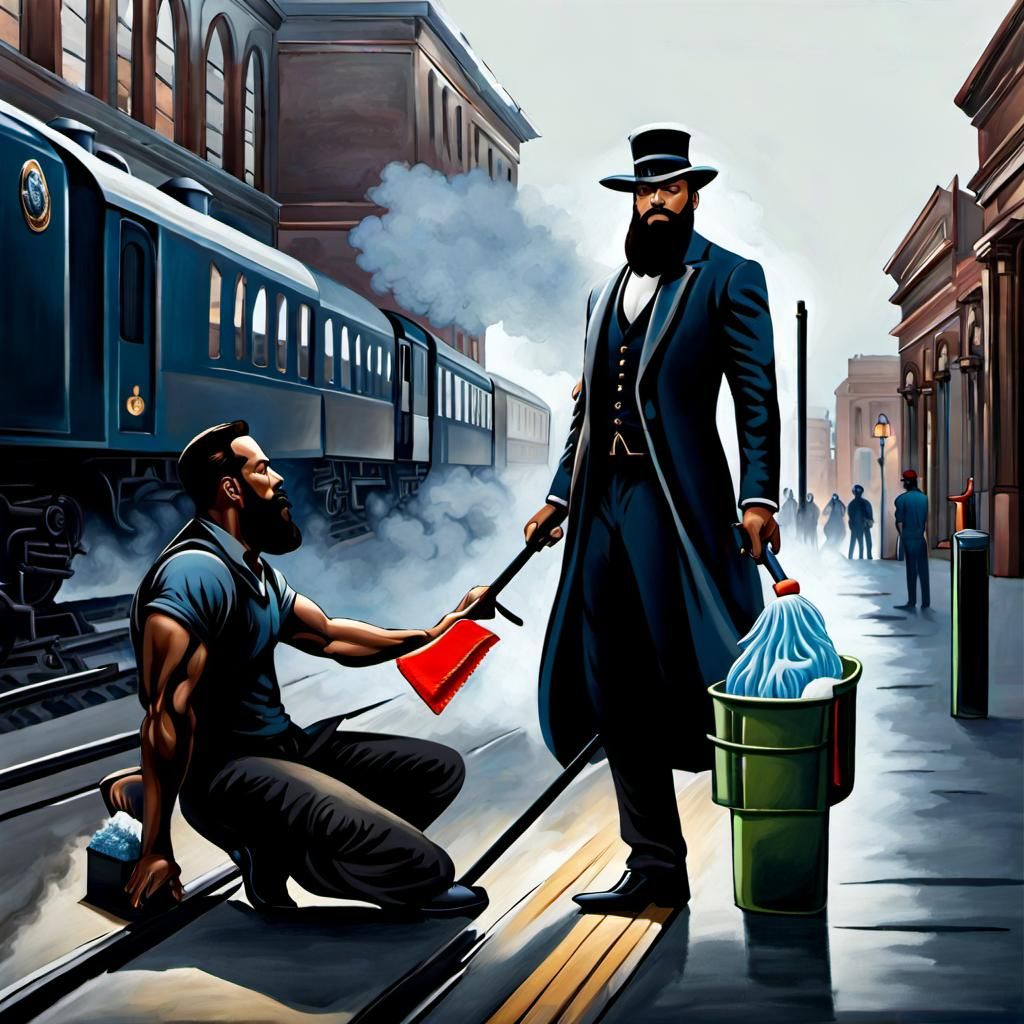 Steampunk Train Station Encounter in Film Noir Style