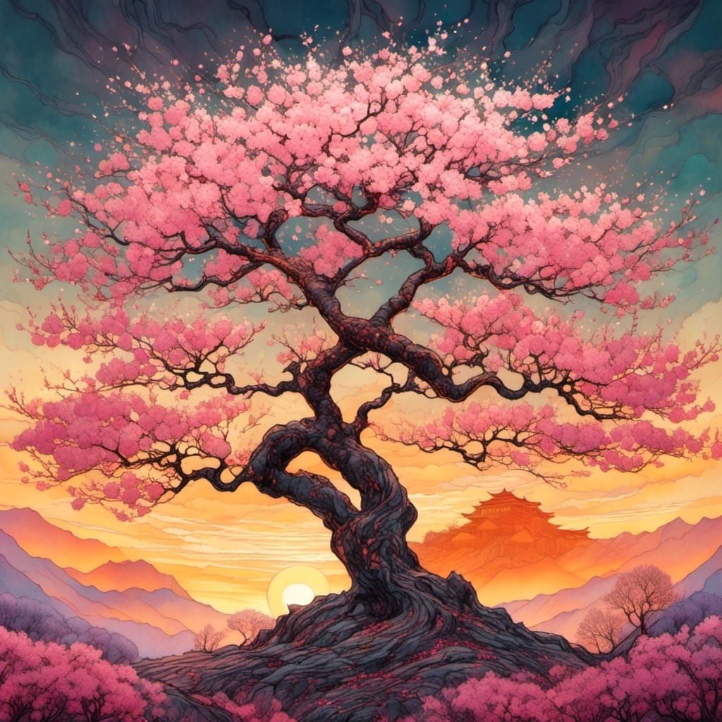 Cherry Blossom Kintsugi Tree at Sunrise, Liquid Ink Art