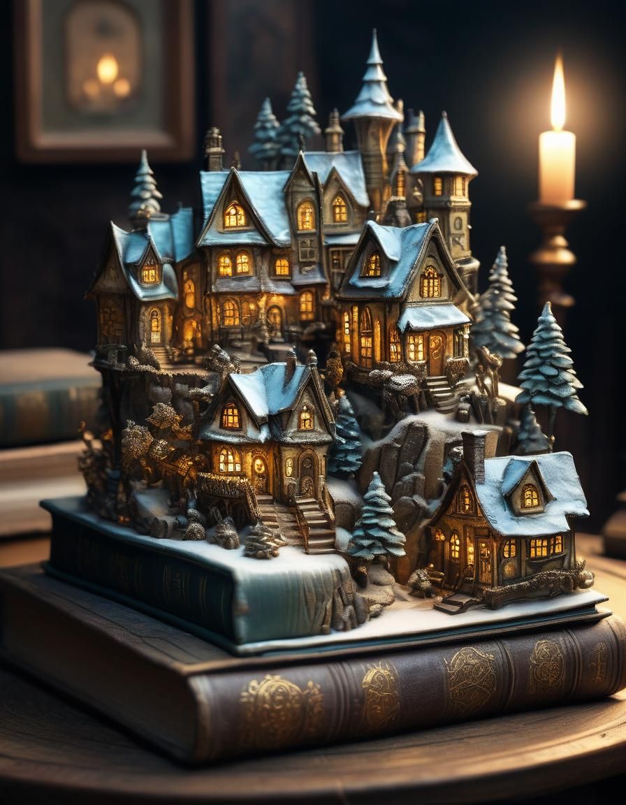Enchanted Christmas Village on Books: Oil Painting