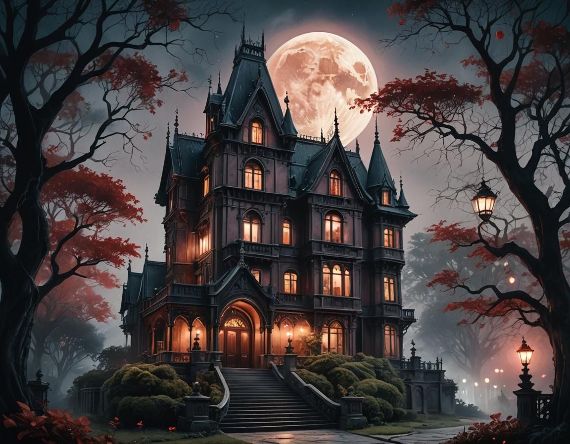 Gothic Mansion Under Blood Moon: Digital Watercolor Art