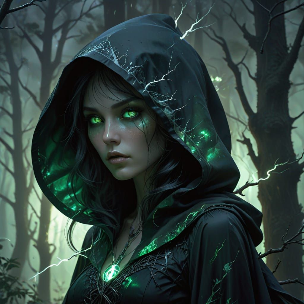 Eerie Forest Witch with Black Magic, Dark Fantasy Art