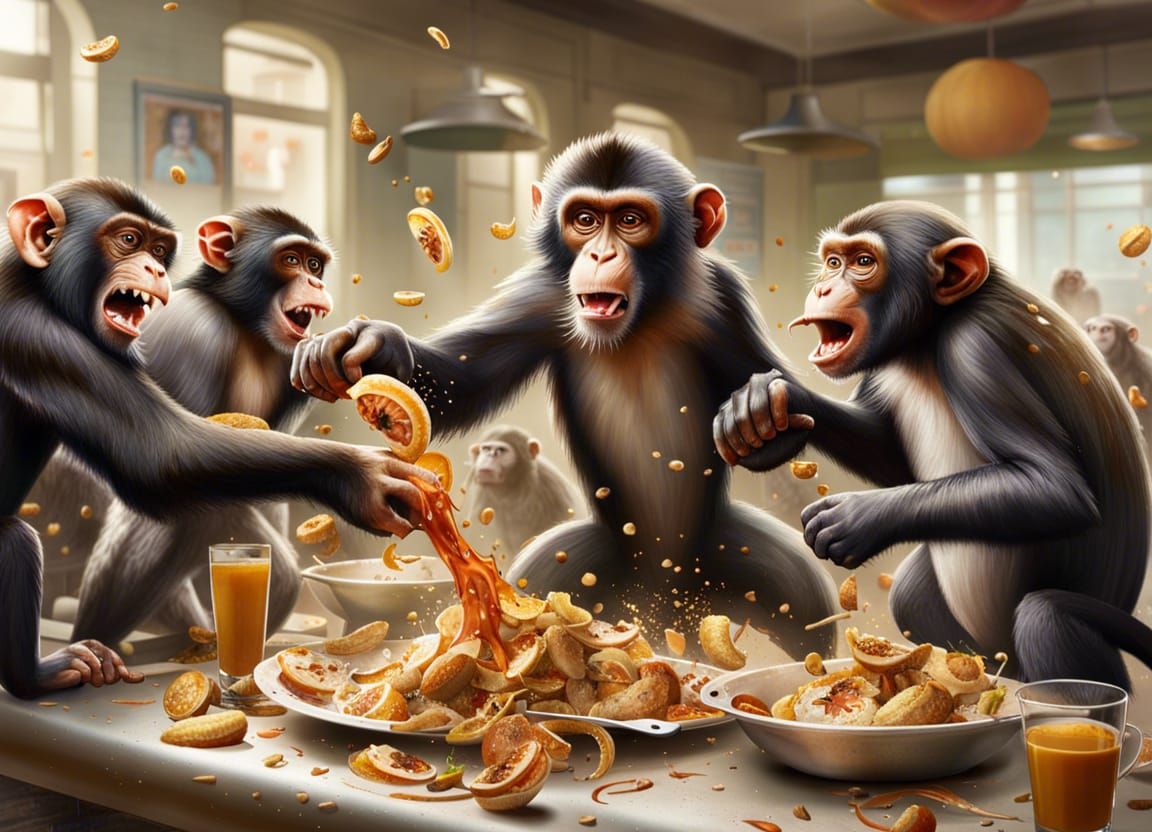 Monkeys Food Fight Mayhem in Cafeteria: Hyperrealistic Detai...