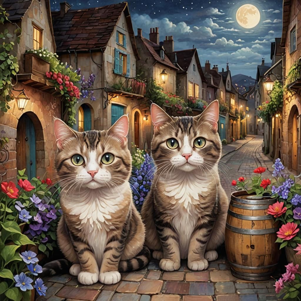Whimsical Cats in Moonlit Village Illustration