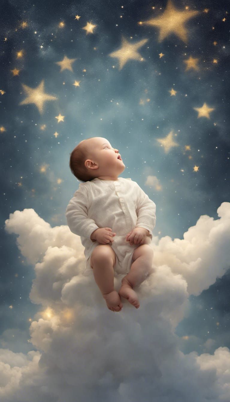 Baby Asleep on Clouds in Starry Sky