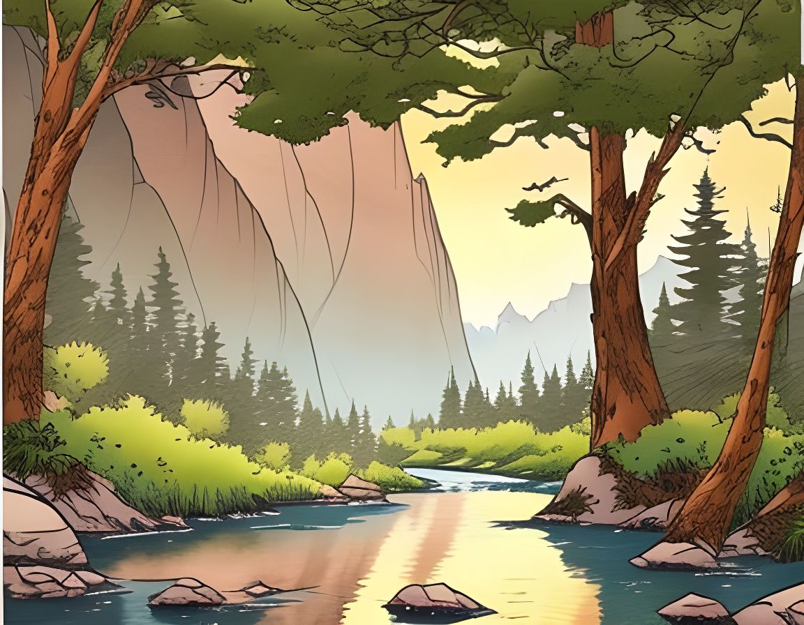 Mountain River Landscape in Watercolor Line Art
