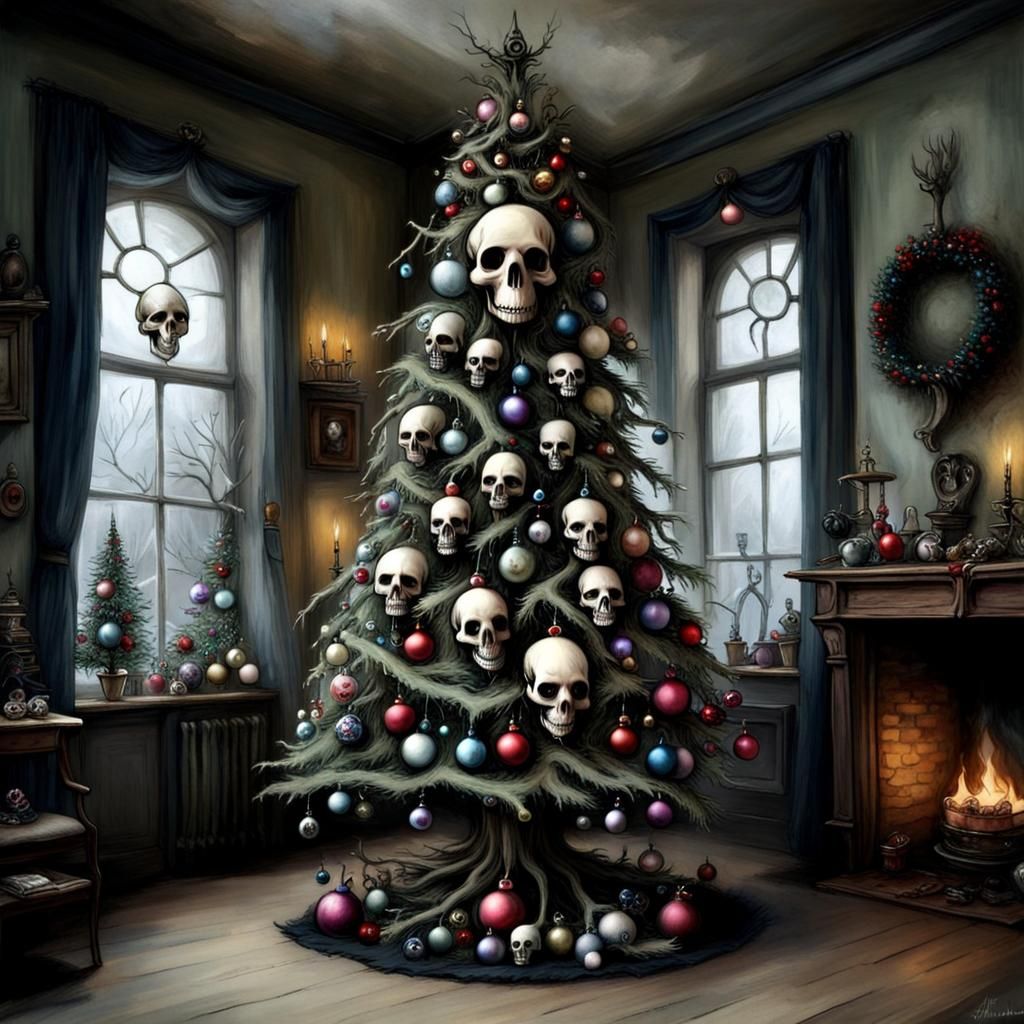 Creepy Christmas Tree with Skull Ornaments