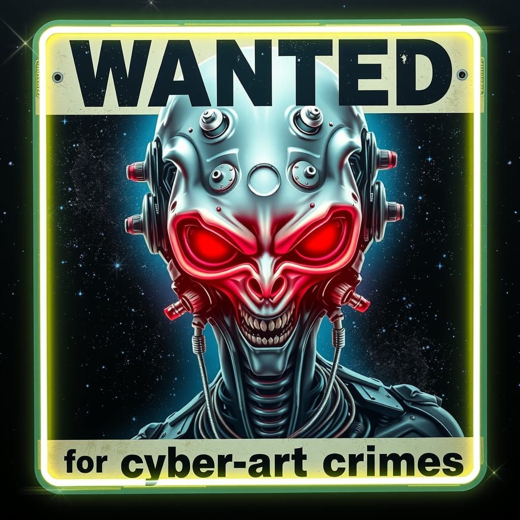 Cyborg Alien Wanted Poster in Retro-Futuristic Style