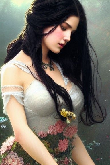 Ethereal Portrait of Girl in Floral Dress, Hyperdetailed Fan...