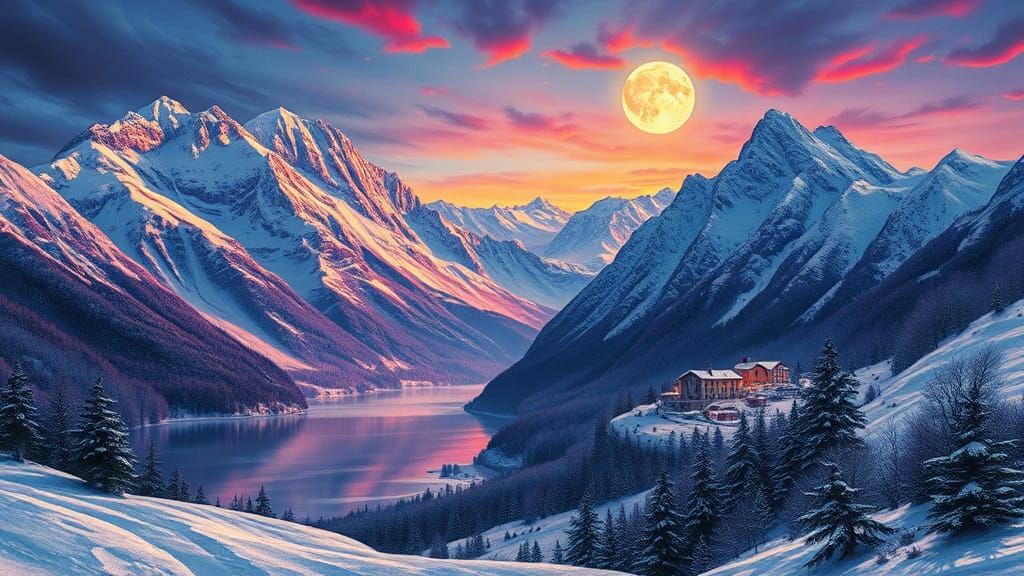 Vibrant Winter Mountainscape in Impasto Style