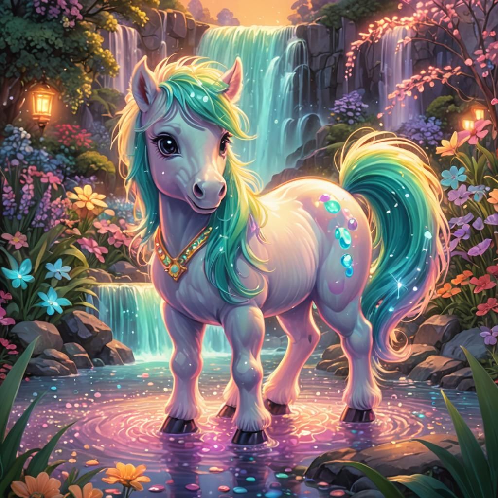 Chibi Pony in Bioluminescent Garden, Candy Art