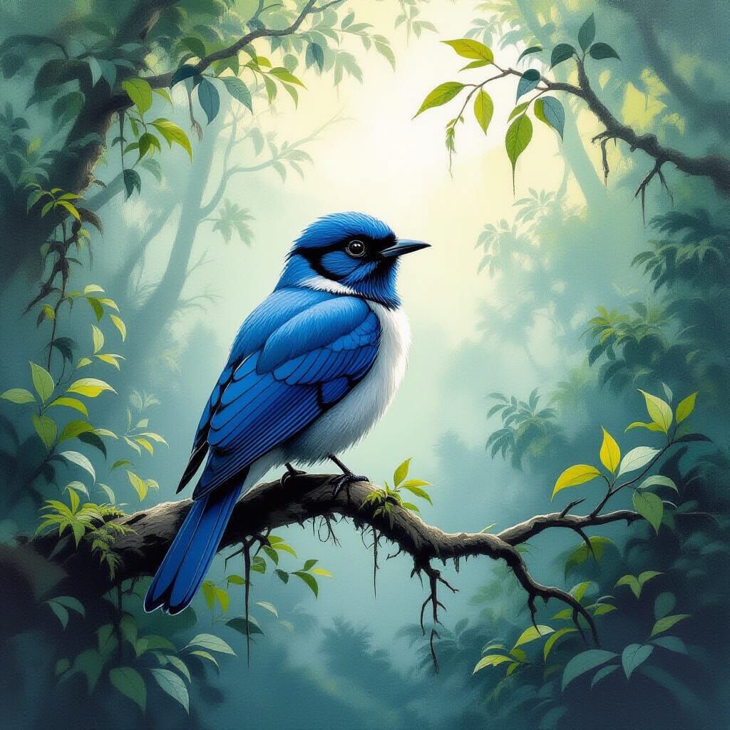 Blue Throat Bird in Misty Forest: Impasto Gouache Art