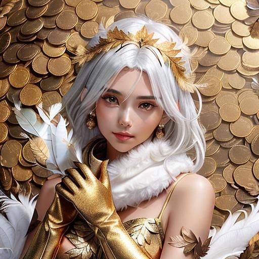 Girl in Gold Leaf Dress with White Cloud Hair