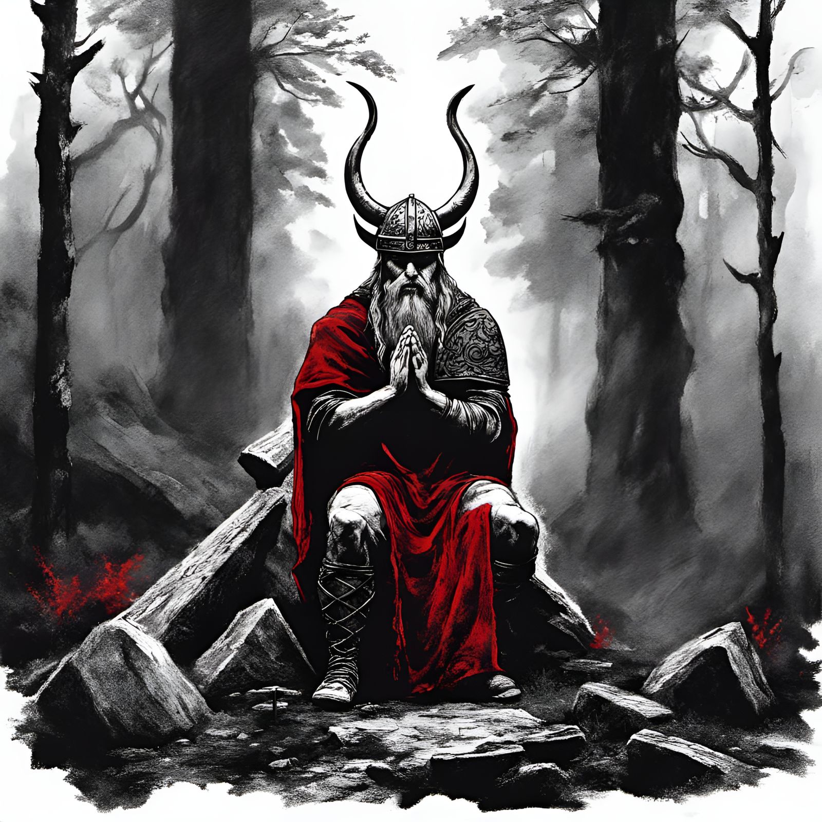 Viking Prayer to Ancient Gods: Grimdark Charcoal Art
