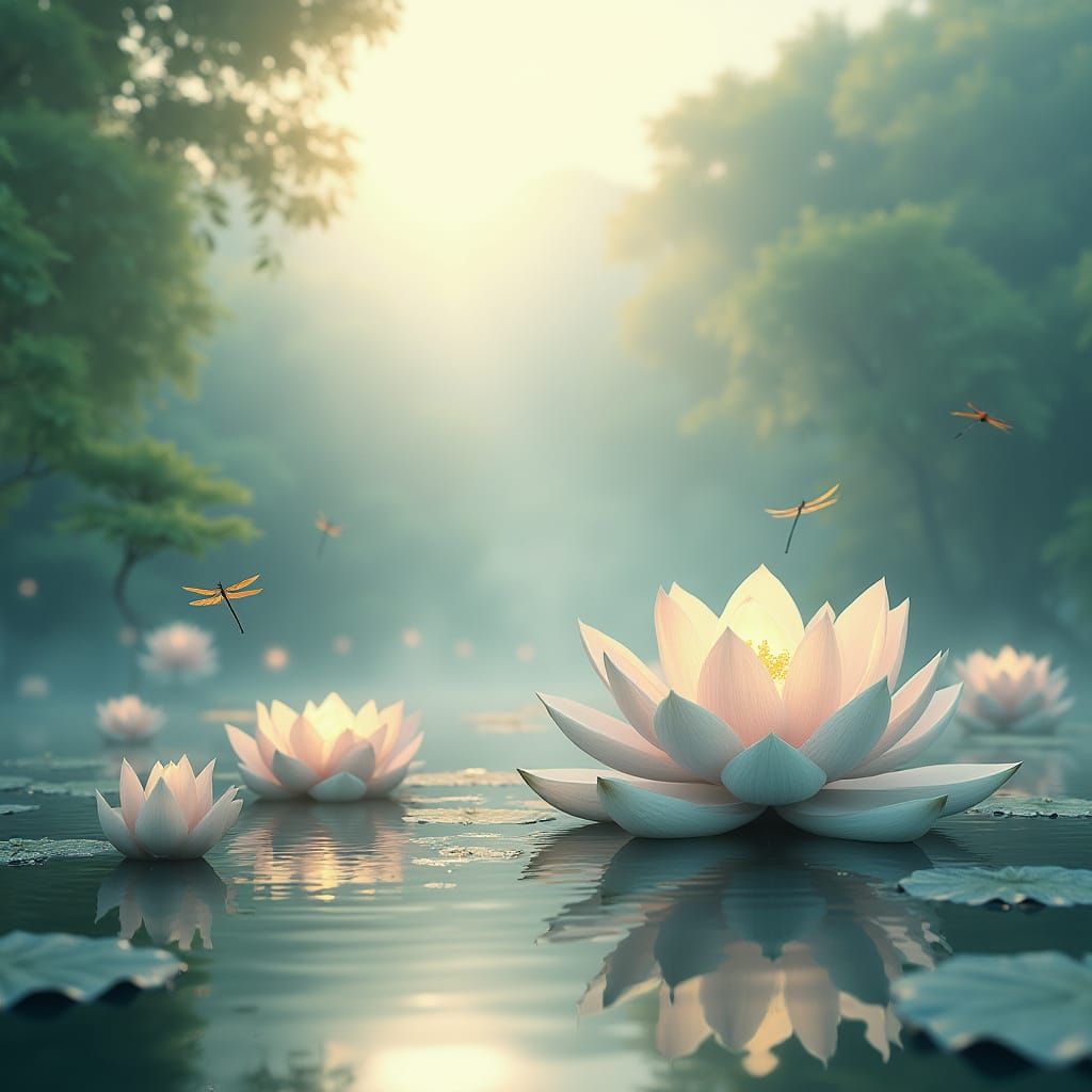 Glowing Lotus Blooms on Serene Pond at Dawn