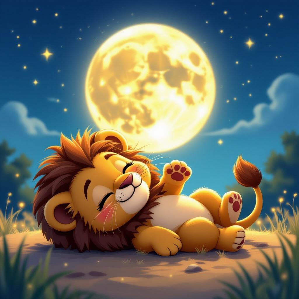 Cute Baby Lion Under a Glowing Moon in 3D